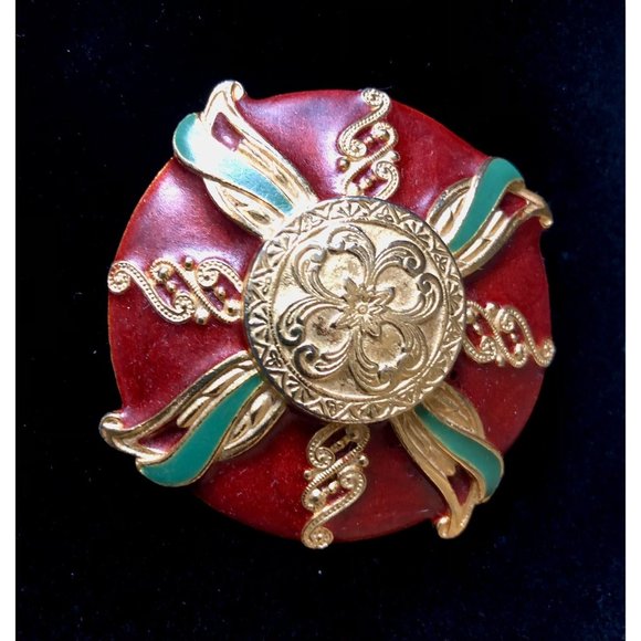 Large Vintage Crest Style Round Gold and Enamel Brooch - Picture 1 of 3